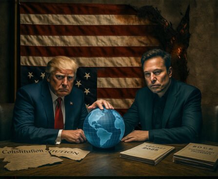 Donald Trump en Elon Musk aan een tafel met een digitale wereldbol, verscheurde Amerikaanse grondwet en documenten getiteld “Project 2025” en “D.O.G.E.”, voor een beschadigde Amerikaanse vlag.