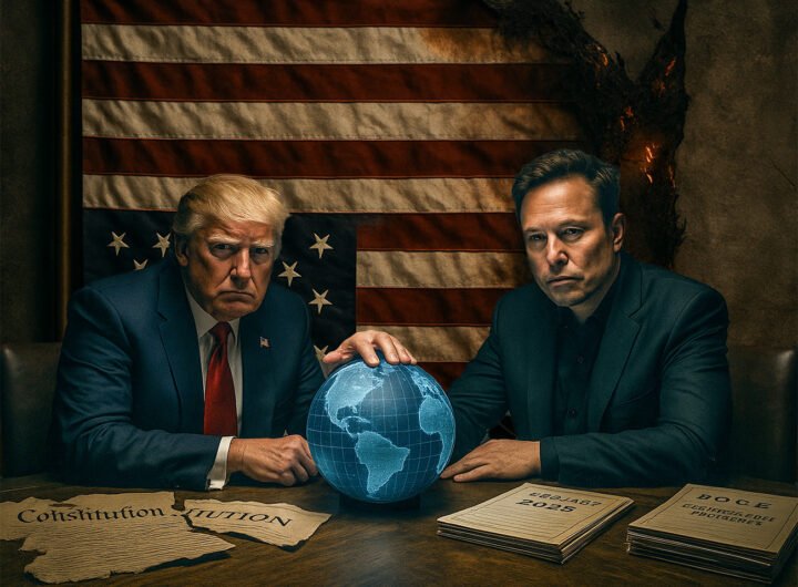Donald Trump en Elon Musk aan een tafel met een digitale wereldbol, verscheurde Amerikaanse grondwet en documenten getiteld “Project 2025” en “D.O.G.E.”, voor een beschadigde Amerikaanse vlag.