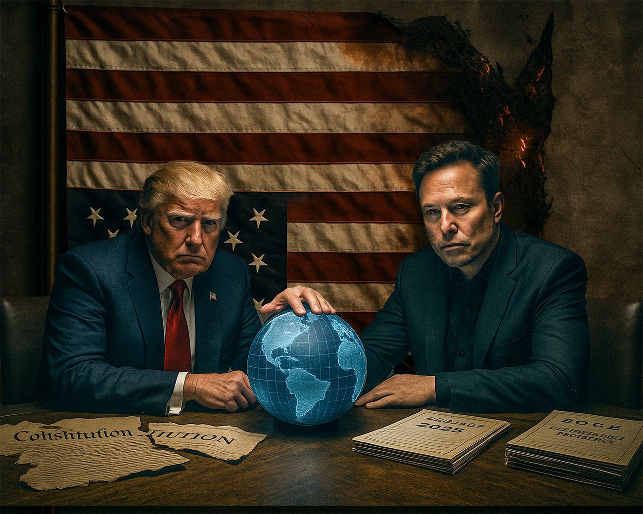 Donald Trump en Elon Musk aan een tafel met een digitale wereldbol, verscheurde Amerikaanse grondwet en documenten getiteld “Project 2025” en “D.O.G.E.”, voor een beschadigde Amerikaanse vlag.