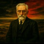Miguel de Unamuno met een indringende blik, op de voorgrond van een dreigend landschap bij zonsondergang.