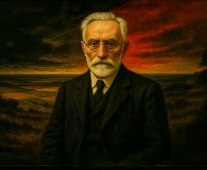 Miguel de Unamuno met een indringende blik, op de voorgrond van een dreigend landschap bij zonsondergang.