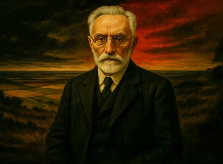 Miguel de Unamuno met een indringende blik, op de voorgrond van een dreigend landschap bij zonsondergang.
