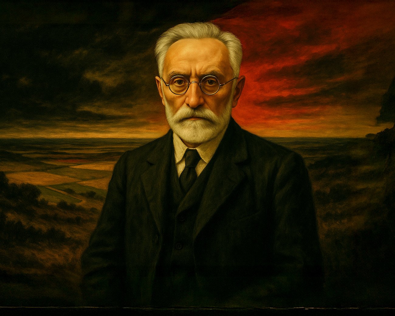 Miguel de Unamuno met een indringende blik, op de voorgrond van een dreigend landschap bij zonsondergang.