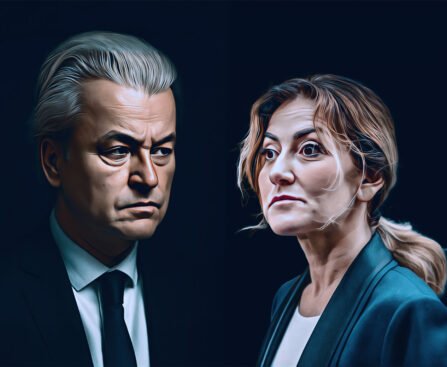 Geert Wilders en Dilan Yesilgöz kijken elkaar aan tijdens politieke confrontatie