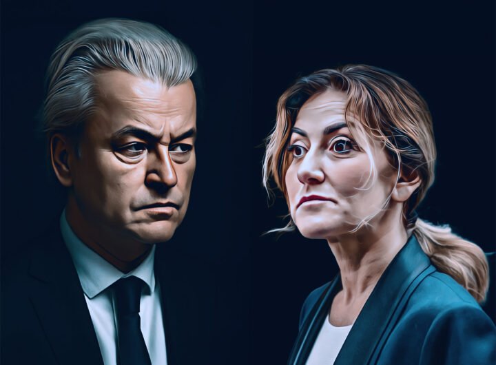 Geert Wilders en Dilan Yesilgöz kijken elkaar aan tijdens politieke confrontatie