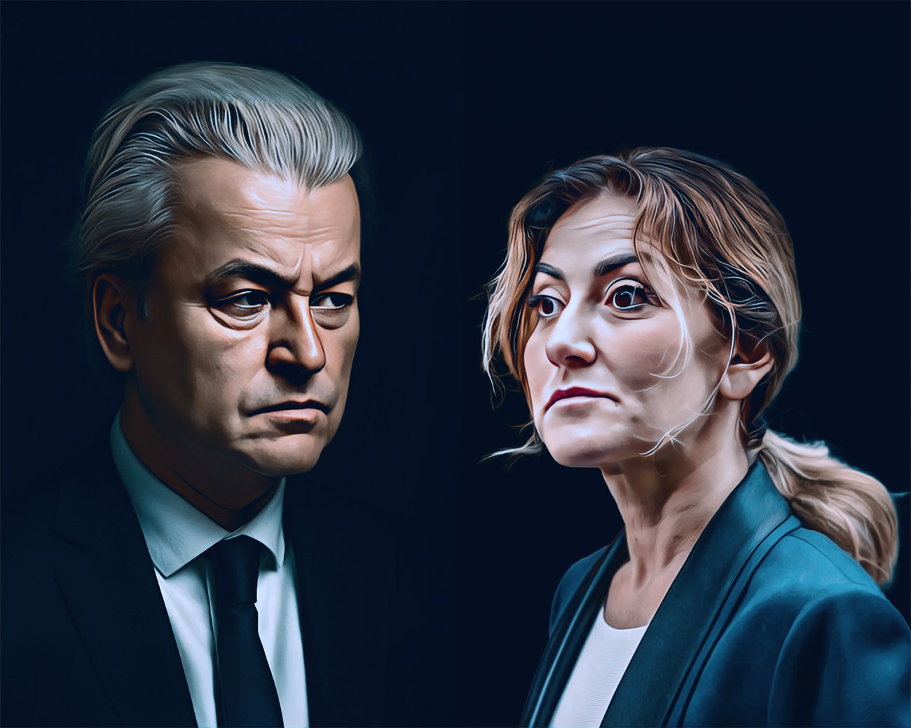 Geert Wilders en Dilan Yesilgöz kijken elkaar aan tijdens politieke confrontatie