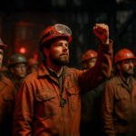 Groep arbeiders in overall en helm, met één man die zijn vuist opheft als teken van solidariteit