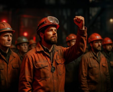 Groep arbeiders in overall en helm, met één man die zijn vuist opheft als teken van solidariteit