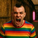 Boze persoon in regenboogshirt schreeuwt in een donkere steeg
