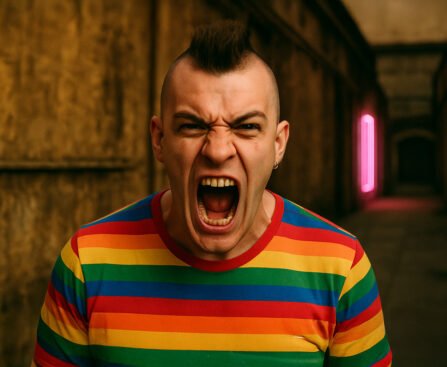 Boze persoon in regenboogshirt schreeuwt in een donkere steeg