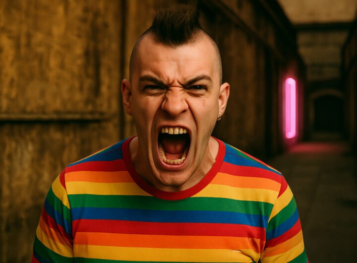 Boze persoon in regenboogshirt schreeuwt in een donkere steeg