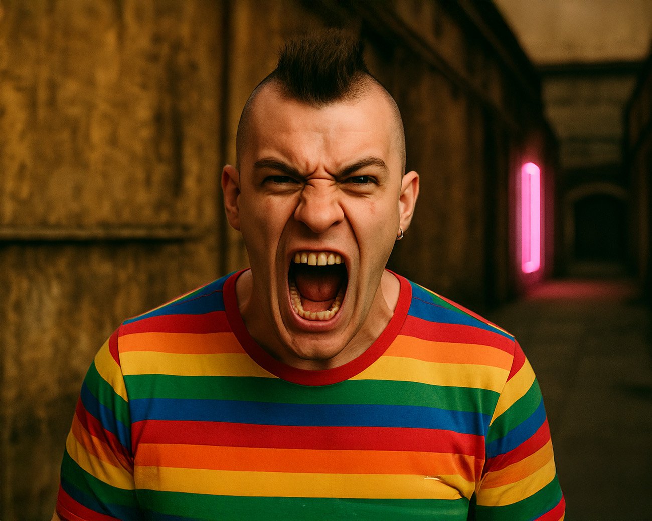 Boze persoon in regenboogshirt schreeuwt in een donkere steeg
