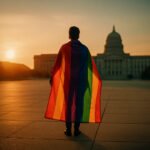Persoon met regenboogvlag kijkt uit over een leeg plein richting overheidsgebouw bij zonsondergang
