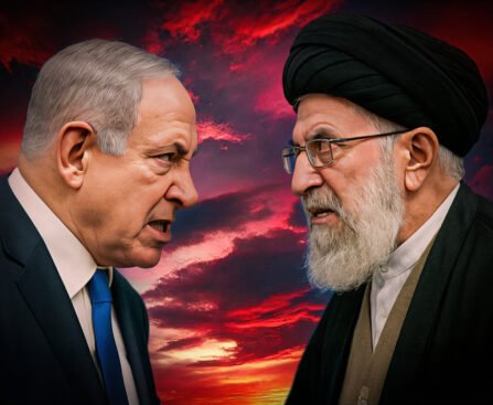 Twee politieke leiders uit Israël en Iran in een gespannen confrontatie tegen een dramatische zonsondergang