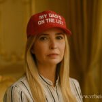 Vrouw met rood petje waarop staat “My dad’s on the list”, zittend in een klassieke kamer