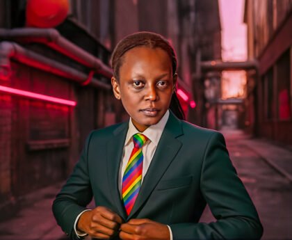 Kasha Jacqueline Nabagesera in pak met regenboogstropdas in een Amsterdamse steeg
