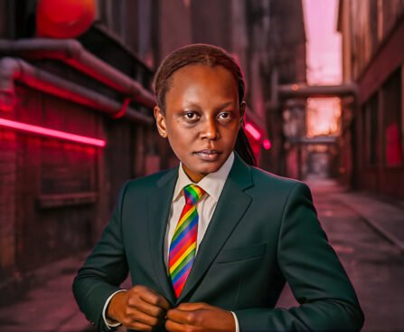 Kasha Jacqueline Nabagesera in pak met regenboogstropdas in een Amsterdamse steeg