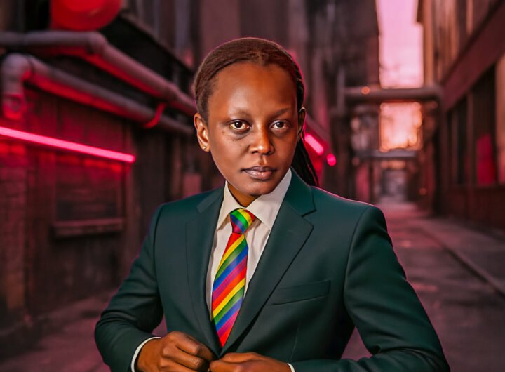 Kasha Jacqueline Nabagesera in pak met regenboogstropdas in een Amsterdamse steeg