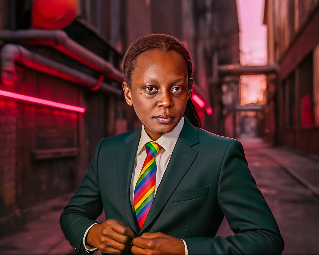Kasha Jacqueline Nabagesera in pak met regenboogstropdas in een Amsterdamse steeg