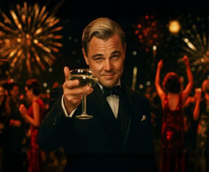 Een man in smoking heft een glas champagne terwijl achter hem een uitbundig feest en vuurwerk gaande zijn.