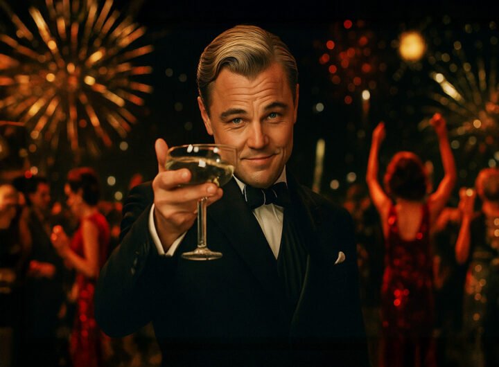 Een man in smoking heft een glas champagne terwijl achter hem een uitbundig feest en vuurwerk gaande zijn.