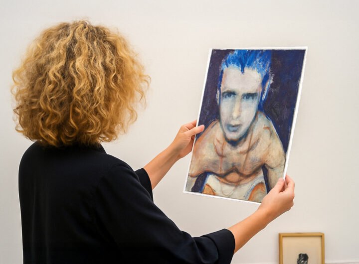 Persoon bekijkt een portret van een halfnaakte, kwetsbare man met blauwe haren in een kunstgalerie.
