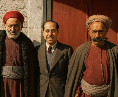 Twee traditioneel geklede Palestijnse mannen naast een Joodse man in westerse kleding, poserend voor een gebouw tijdens het Mandaat Palestina