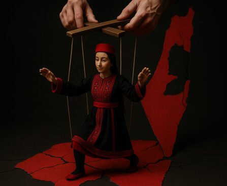Palestijnse vrouw als marionet bestuurd door touwtjes boven een gebroken landkaart van Palestina