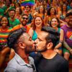 Twee mannen kussen elkaar tijdens een Pride-event met een juichende menigte op de achtergrond