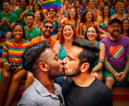 Twee mannen kussen elkaar tijdens een Pride-event met een juichende menigte op de achtergrond