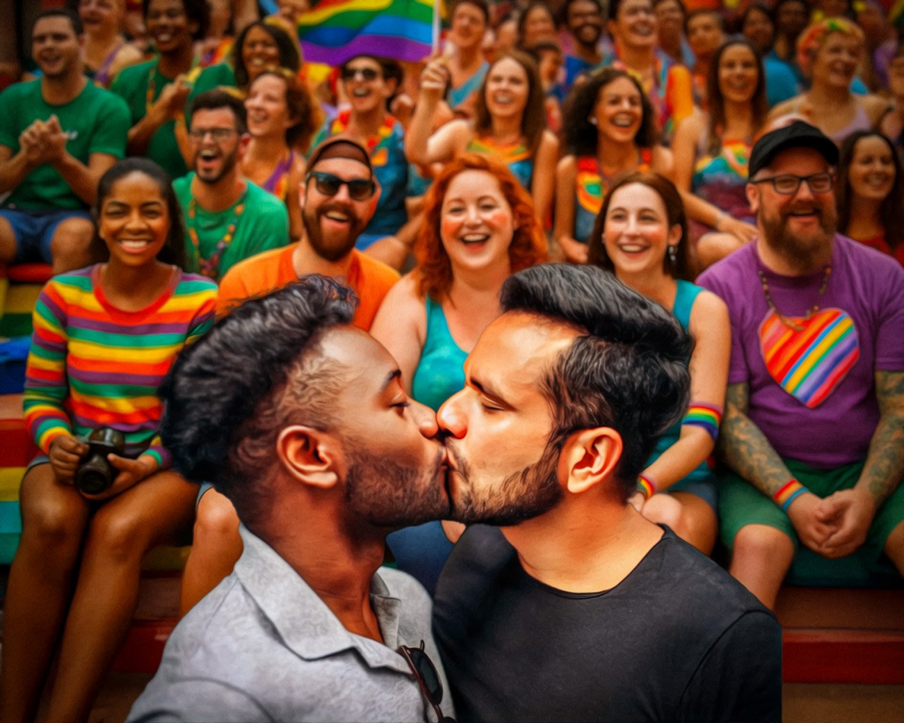 Twee mannen kussen elkaar tijdens een Pride-event met een juichende menigte op de achtergrond