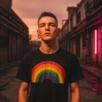 Een trans man draagt een T-shirt met regenboogmotief terwijl hij zelfverzekerd in een lege straat staat.