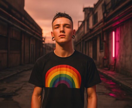 Een trans man draagt een T-shirt met regenboogmotief terwijl hij zelfverzekerd in een lege straat staat.