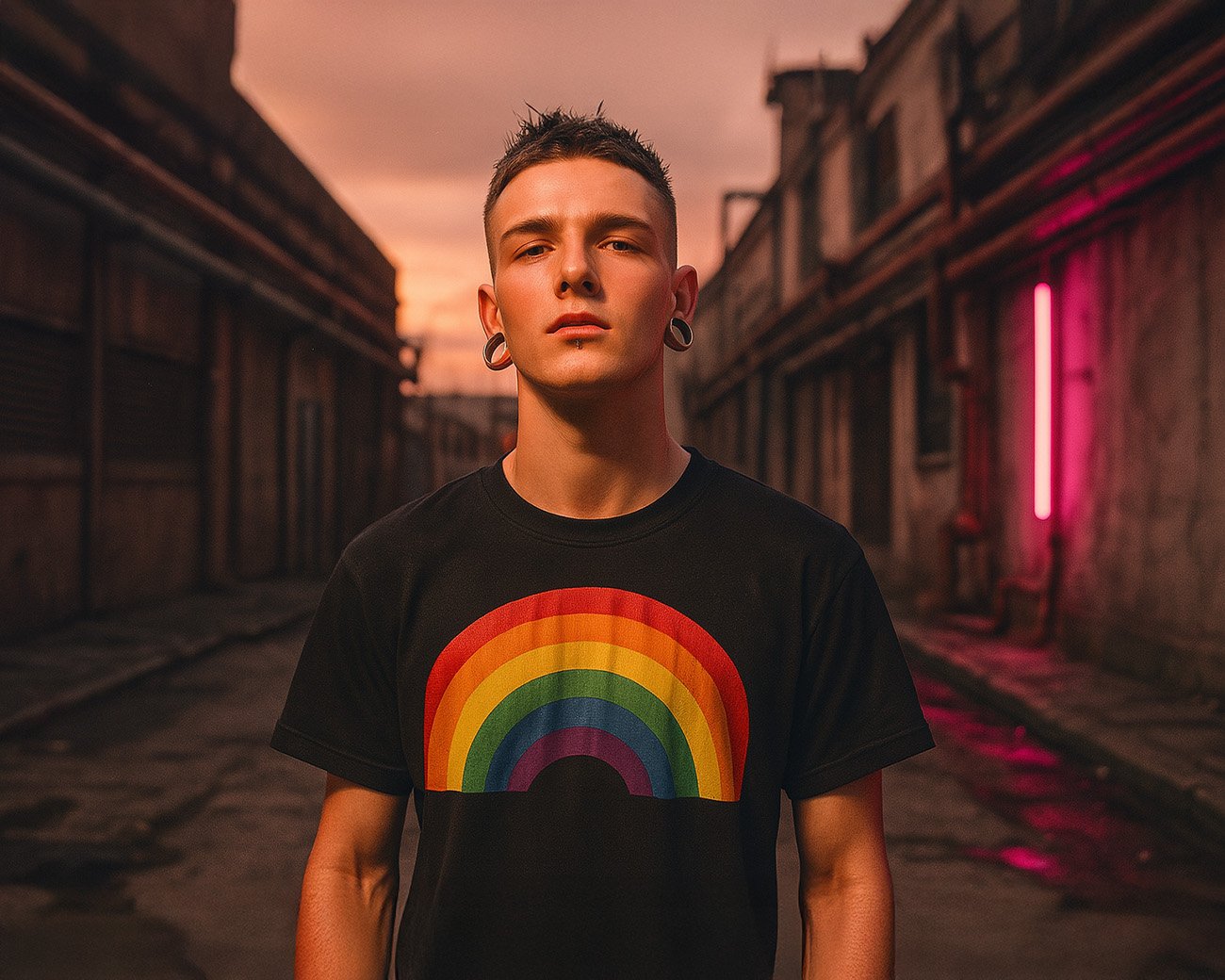 Een trans man draagt een T-shirt met regenboogmotief terwijl hij zelfverzekerd in een lege straat staat.