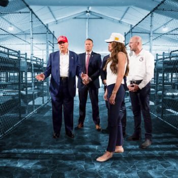 Donald Trump bezoekt detentiecentrum ‘Alligator Alcatraz’ in Florida, omringd door kooien en medewerkers