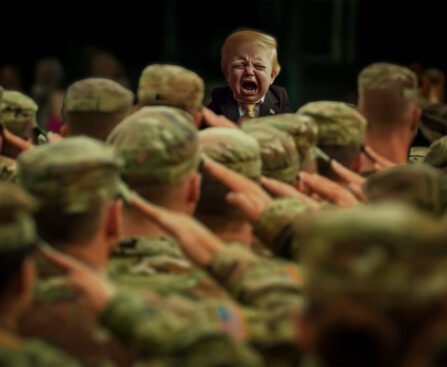 Soldaten brengen een groet aan een woedende Trump die voor hen staat