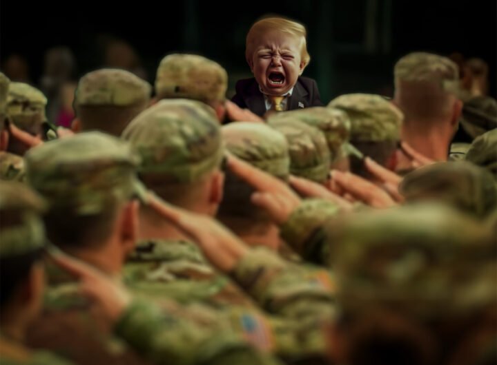Soldaten brengen een groet aan een woedende Trump die voor hen staat