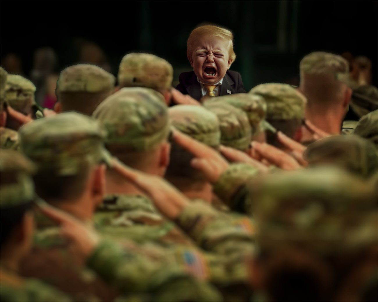 Soldaten brengen een groet aan een woedende Trump die voor hen staat