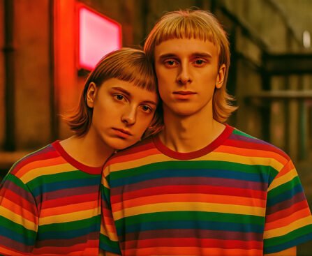 Twee jongeren in regenboogshirts leunen tegen elkaar als teken van verbondenheid en solidariteit