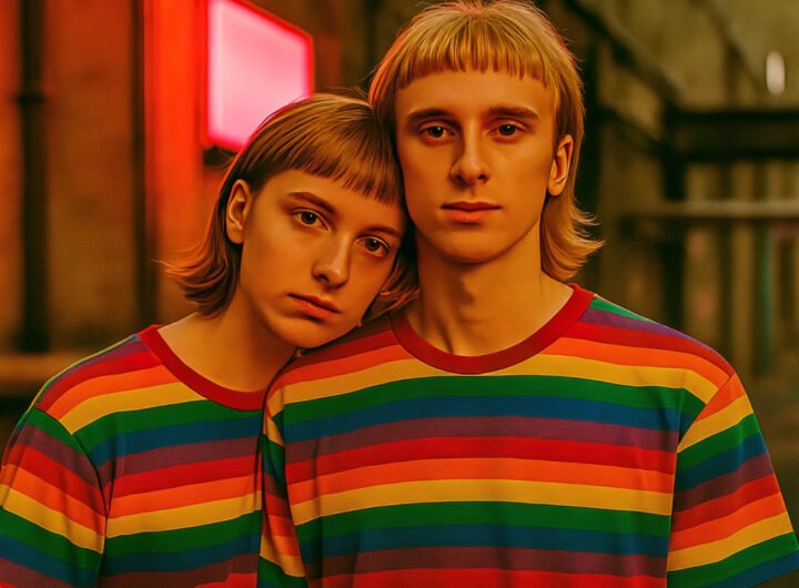 Twee jongeren in regenboogshirts leunen tegen elkaar als teken van verbondenheid en solidariteit