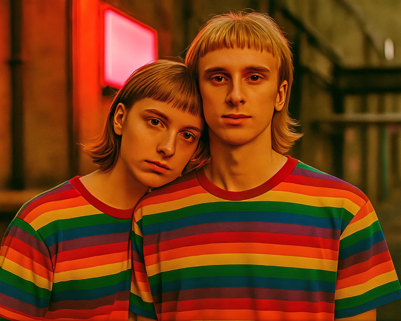 Twee jongeren in regenboogshirts leunen tegen elkaar als teken van verbondenheid en solidariteit