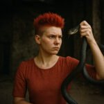 Vrouw houdt grote zwarte slang stevig vast terwijl ze vastberaden vooruit kijkt