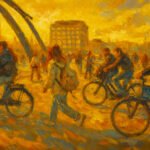 Groep jongeren op de fiets en te voet op een druk kruispunt in Amsterdam