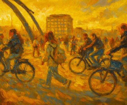 Groep jongeren op de fiets en te voet op een druk kruispunt in Amsterdam
