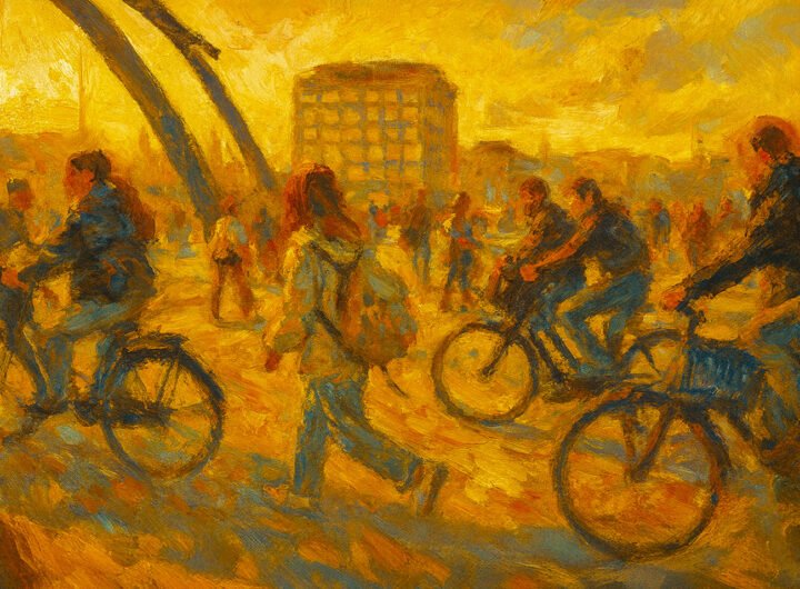 Groep jongeren op de fiets en te voet op een druk kruispunt in Amsterdam
