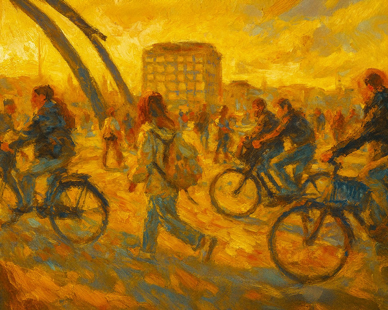 Groep jongeren op de fiets en te voet op een druk kruispunt in Amsterdam