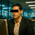 Man met keppel werkt achter computer in een kantooromgeving, ogen afgeschermd voor anonimiteit.