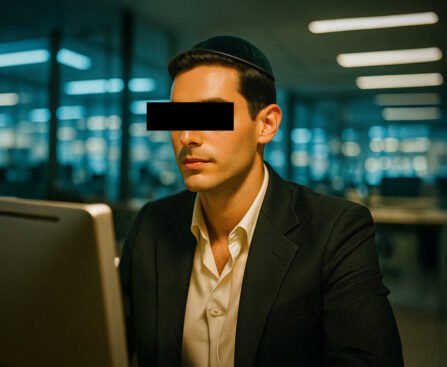 Man met keppel werkt achter computer in een kantooromgeving, ogen afgeschermd voor anonimiteit.