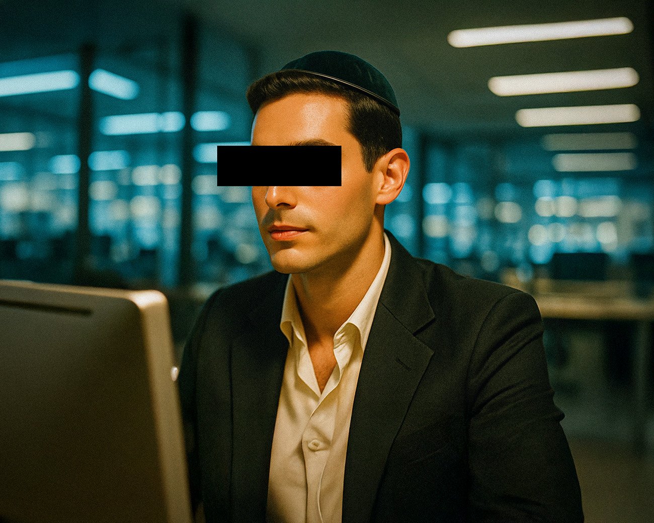 Man met keppel werkt achter computer in een kantooromgeving, ogen afgeschermd voor anonimiteit.