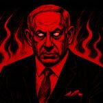 Afbeelding van een Israëlische leider met felle blik en dreigende achtergrond, symbool voor verwoesting en onderdrukking in Gaza.